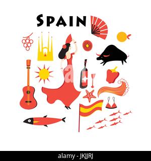 Vektor-set Elemente zum Thema Spanien auf weißem Hintergrund Stock Vektor