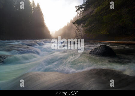 Spitze des unteren Lewis River Falls im Gifford Pinchot National Forest bei Sonnenuntergang Stockfoto