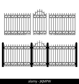 Vector Illustration Schmiedeeisen modulare Geländer und Zaun. Vintage Tor mit Strudeln. Schwarze Gitter Zaun geschmiedet Stock Vektor