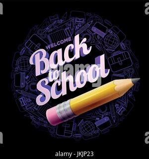 Vektor-Design-Vorlage für zurück zu Schule. Schulmaterialien Symbole, scharfe Holz Bleistift und 3d Willkommen zurück in der Schule Text. Stock Vektor