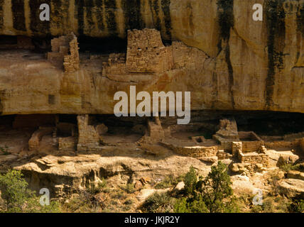 Neue Feuer Haus Anasazi Klippe Wohnung, Mesa Verde, Colorado: NE Aussicht vom SW Schleife Ruinen Straße auf Chapin Mesa. Sandstein-Block Strukturen auf 2 Ebenen Stockfoto