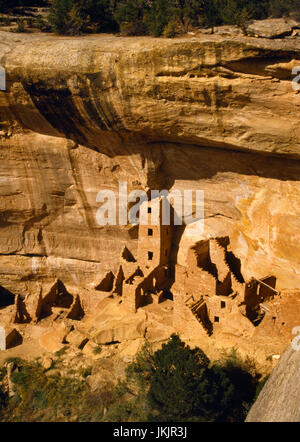 Quadratischer Wohnturm mehrstöckigen Klippe Wohnung, Mesa Verde, Colorado: N Blick Richtung SW Schleife Ruinen Straße auf Chapin Mesa: vier-geschossigen Hochhauses. Stockfoto