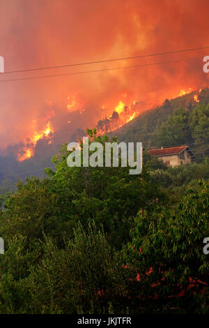 Zrnovnica, Split, Kroatien - 17. Juli 2017: Massive Lauffeuer brennen die Wälder und Dörfer in der Umgebung der Stadt Split Stockfoto