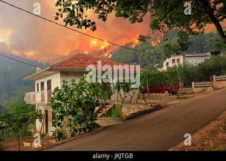 Zrnovnica, Split, Kroatien - 17. Juli 2017: Massive Lauffeuer brennen die Wälder und Dörfer in der Umgebung der Stadt Split Stockfoto