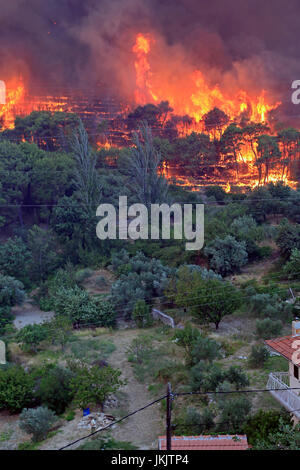 Zrnovnica, Split, Kroatien - 17. Juli 2017: Massive Lauffeuer brennen die Wälder und Dörfer in der Umgebung der Stadt Split Stockfoto