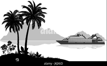 Landschaft mit Schiff, Palmen und Berge Stock Vektor