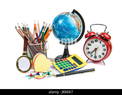 Foto von Office und Student Gang über weißem Hintergrund - zurück zum Schulkonzept Stockfoto