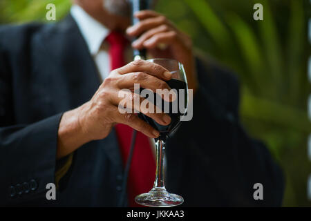 Oberen Teil des ein fröhlicher Mensch gekleidet in eine Jacke und eine rote Krawatte und weißes Hemd mit einem Glas Flüssigkeit in der Hand steht. Stockfoto
