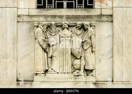 Der Kaufmann von Venedig, Szenen aus Shakespeare Skulptur, Folger Shakespeare Library, Kapitol, Washington DC Stockfoto