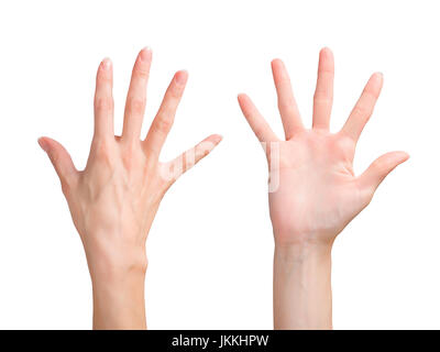 Schöne Frau Hand zeigt die fünf Finger. Vorder- und Rückseite Blick. Isoliert auf weiss mit Beschneidungspfad Stockfoto