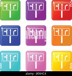 Fahrspuren auf Kreuzung Kreuzung Icons von 9 Farbe Set isoliert Vektor-illustration Stock Vektor