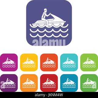 Mann auf Jetski fährt Icons Set Vektor-Illustration im flachen Stil in den Farben rot, blau, grün und andere Stock Vektor
