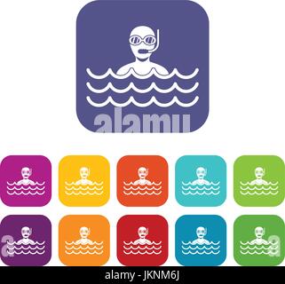 Mann mit Scuba Icons Set Vektor-Illustration im flachen Stil in den Farben rot, blau, grün und andere Stock Vektor