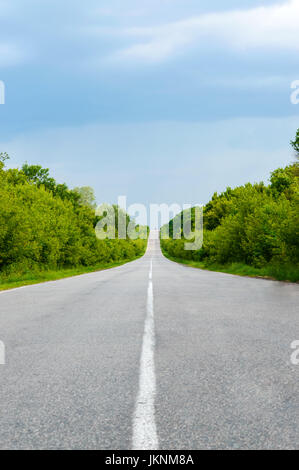 Asphaltstraße, geht in die Ferne. Grüne Bäume sind auf beiden Seiten. Der Himmel ist dunkel. Vor dem Regen. Stockfoto