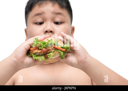 Schweinefleisch-Hamburger auf übergewichtige Dicke Hand Hintergrund isoliert auf weiß, ungesunde Lebensmittel, Junk-Food oder Fast-food Stockfoto