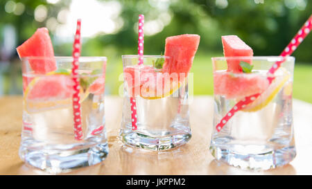 Kalter Sommer Limonade mit Scheiben von Wassermelone, Zitrone und garniert mit frischer Minze Stockfoto