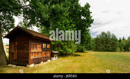 Niedliche Vintage Holz Bienenhaus mit Bienenstöcken Stockfoto