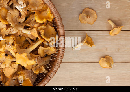 Close Up essbare Pilze Pfifferlinge im Weidenkorb auf hölzernen Hintergrund. Stockfoto