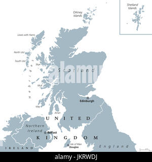 Schottland Landkarte mit Hauptstadt Edinburgh. Land und Teil des Vereinigten Königreichs. Umfasst das nördliche Drittel der Insel Großbritannien. Stockfoto