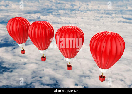3D Rendering roten Heißluftballons über bewölktem Himmel fliegen Stockfoto