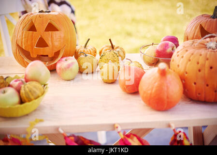 Herbstliche Zusammensetzung der Kürbisse und Äpfel Stockfoto