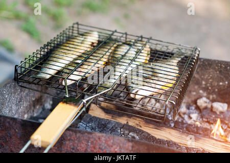 Gegrillter Fisch mit Gewürzen in Brand. Fisch grillen im Garten im Freien, an einem warmen sonnigen Tag. Stockfoto