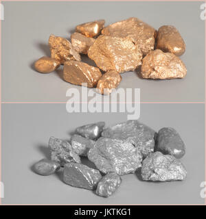 Silberne Ende golden Nuggets auf grauem Hintergrund Stockfoto