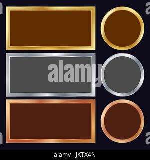 Gold, Silber, Bronze, Kupfer Metallrahmen Vektor. Rechteckig, rund. Realistische Metallplatten Illustration Stock Vektor