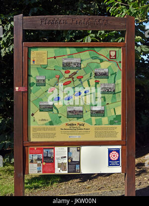 Info-Tafel. Die Schlacht von Flooden Feld 1513. Branxton, Northumberland, England, Vereinigtes Königreich, Europa. Stockfoto