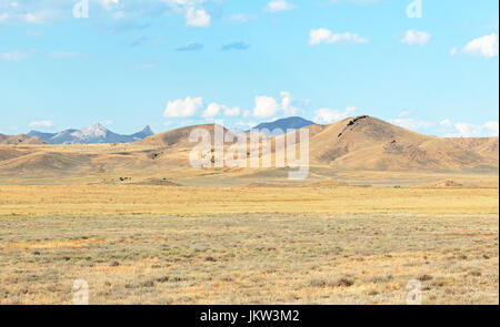 Panorama der Halbwüste mit verdorrten Gras, Hügel und Berge im Hintergrund. Halbinsel Krim Stockfoto