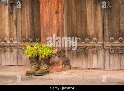 Männer alte Stiefel als ungewöhnlich Blumentopf Behälter außerhalb der alten Kirche aus Holz Türen eingesetzt, der Kirche St. Mary, Haddington, East Lothian, Schottland, Großbritannien Stockfoto