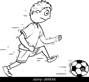 Handzeichnung Cartoon-Vektor-Illustration eines jungen Fußball mit einem Ball spielt. Stock Vektor