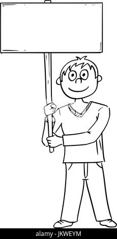 Handzeichnung Cartoon-Vektor-Illustration der jungen jungen Mann mit leeren Schild. Stock Vektor