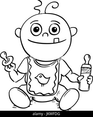 Hand-Zeichnung Cartoon-Vektor-Illustration von glücklich lächelnden Baby mit Dummy oder Schnuller oder Tröster und Fütterung oder stillen oder Flasche saugen. Stock Vektor
