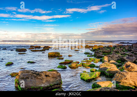 Bemoosten Steinen und Wellen zwischen den Gewässern des Cal Beach in Torres-Stadt, Rio Grande do Sul Stockfoto