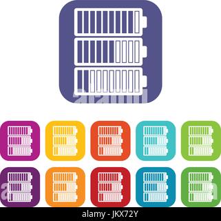 Batteriesymbole Indikatoren festgelegt Vektor-Illustration im flachen Stil in den Farben rot, blau, grün und andere Stock Vektor