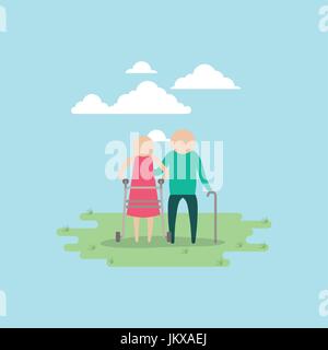 Farbe Hintergrund Himmel Landschaft und Rasen mit Silhouette Piktogramm älteres Ehepaar inmitten einer Wiese mit Gehstock Stock Vektor