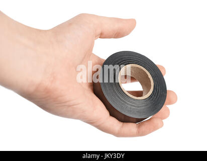 Hand mit schwarzem Isolierband auf weißem Hintergrund, isoliert Stockfoto