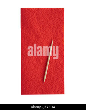 Rote Serviette auf weißem Hintergrund und Zahnstocher, isoliert Stockfoto