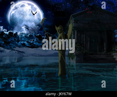 Engel des Todes - Gruselnacht Hintergrund mit Mond - 3d rendering Stockfoto