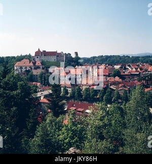 Luftaufnahme von Füssen in Bayern, Deutschland 1980er. Luftaufnahmen von Füssen in Bayern der 1980er Jahre. Stockfoto