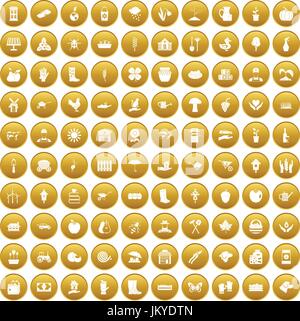 100 Bauernhof Icons set gold Stock Vektor