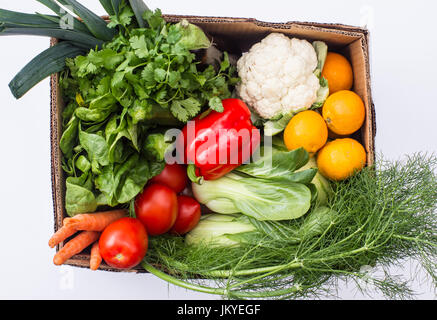 Ein Karton auf einem weißen Hintergrund gefüllt mit frischem Obst und Gemüse vom Wochenmarkt, USA erworben Stockfoto