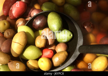 Rote, violette, gelbe, braune, schwarze und grüne Oliven in einem Löffel Stockfoto