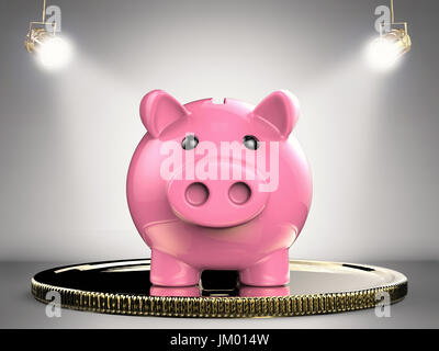 3D Rendering-Sparschwein auf goldene Münze Stockfoto