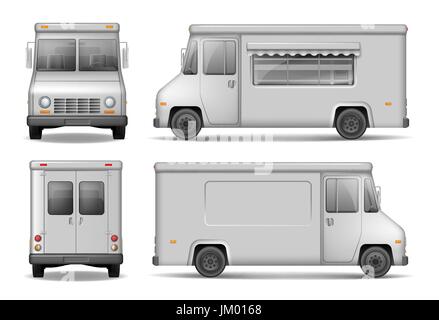 Lebensmittel Truck Vektor Vorlage für Autowerbung. Service-Lieferwagen, Isolated On White. Lieferwagen Silber von Seite, front, Ansicht von hinten. Leicht zu bearbeiten und neu einfärben. Stock Vektor