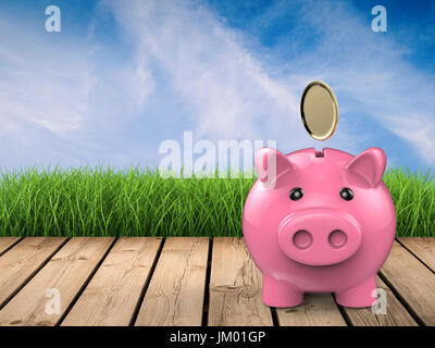 3D Rendering-Sparschwein mit Goldmünze fallen Stockfoto