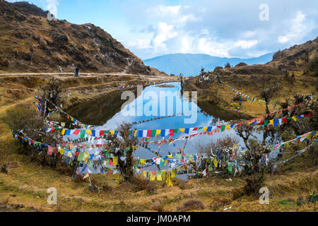 Tibetische Gebetsfahnen oder Lunge ta und neben Teich, die Fahne hängen an hohen Platz für Windströmung wünschen der Menschen rund um Sikkim, Indien Stockfoto
