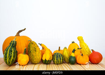 Viele schöne verschiedene Kürbisse liegen auf Holz Stockfoto