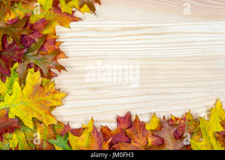 Buntes Herbstlaub Lüge auf Holzbrettern Stockfoto